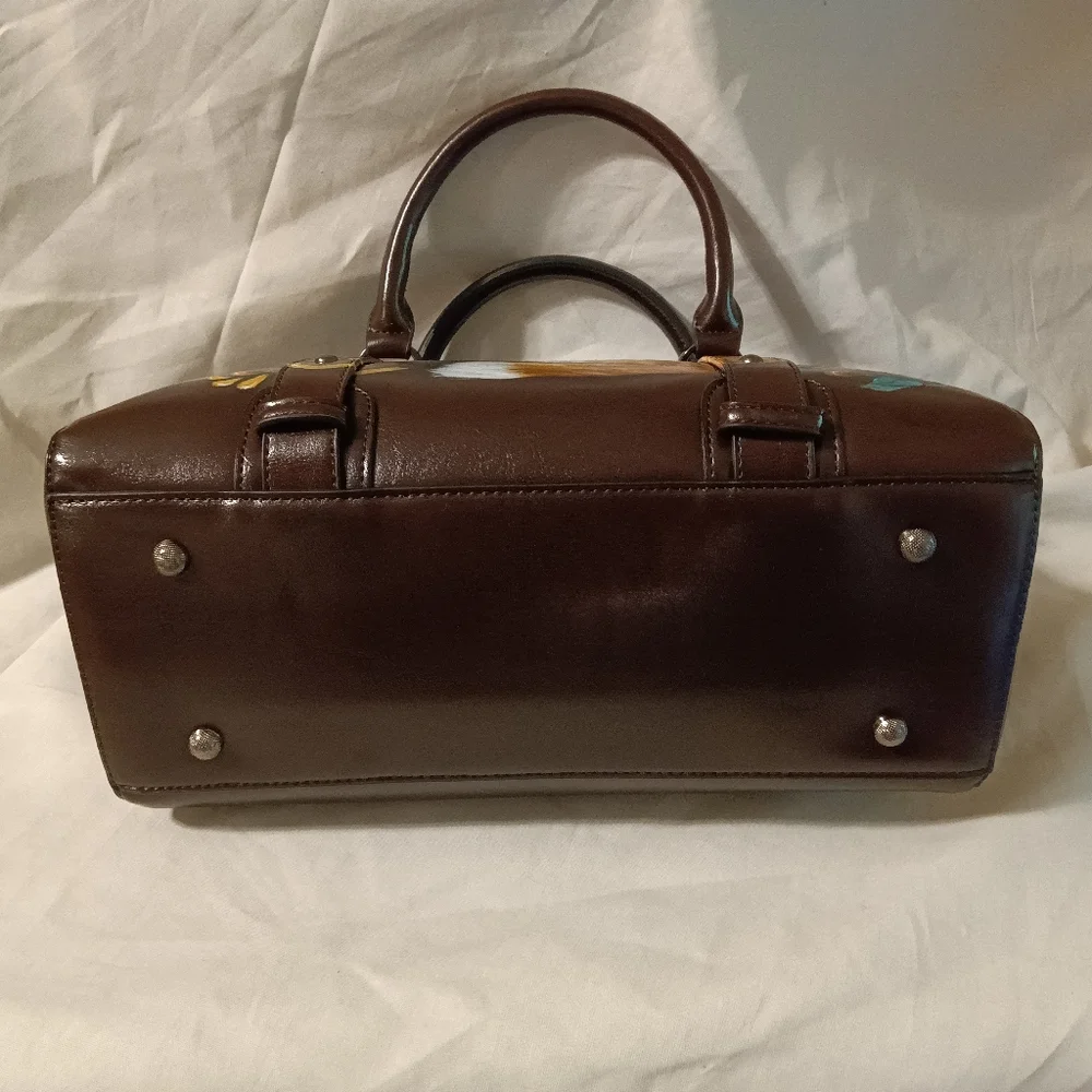 Unique HAND PAINTED Genuine LEATHER Brown *NWT* Handbag Orange Fox Gold Flowers - Picture 3 of 12